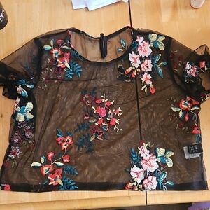 SHEIN Black Sheer Floral Embroidered Short Sleeve Top